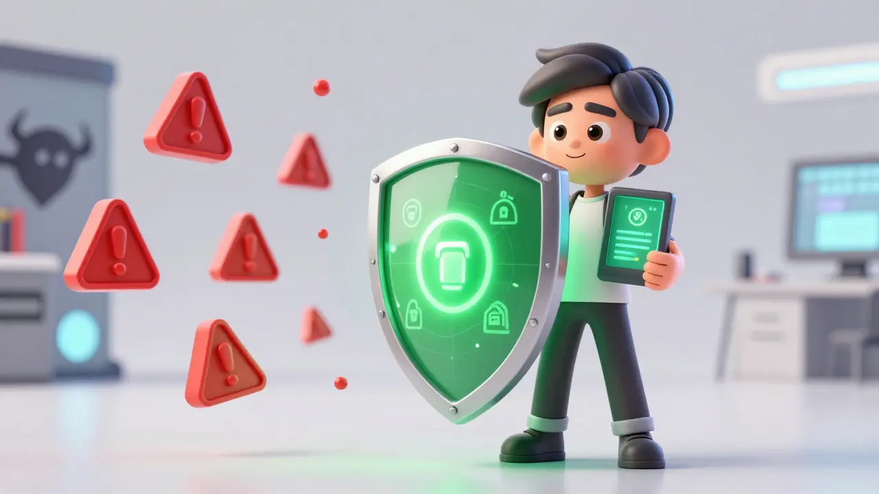 Character behind a glowing shield protecting assets from red threats.