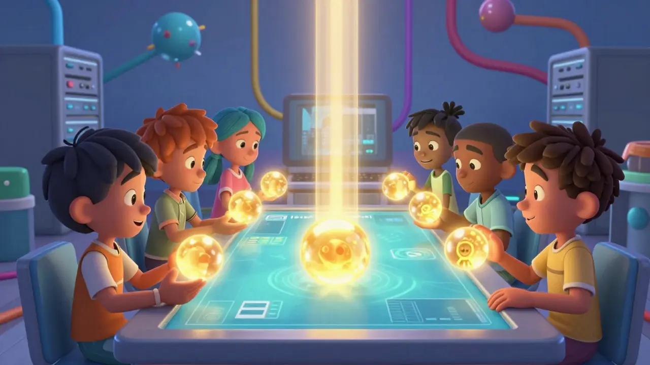 Characters exchanging glowing tokens in secure network