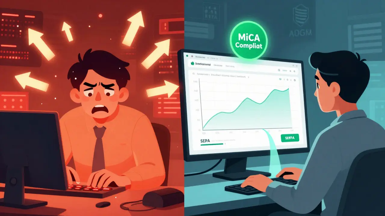 Contrasting scenes: chaotic high-leverage trading vs. calm, clean Coinbase International Exchange interface with MiCA compliance badge.