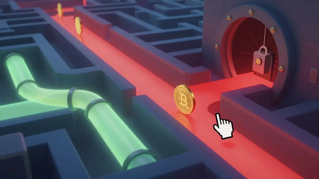 Cryptocurrency tokens navigating a colorful maze of digital payment tunnels
