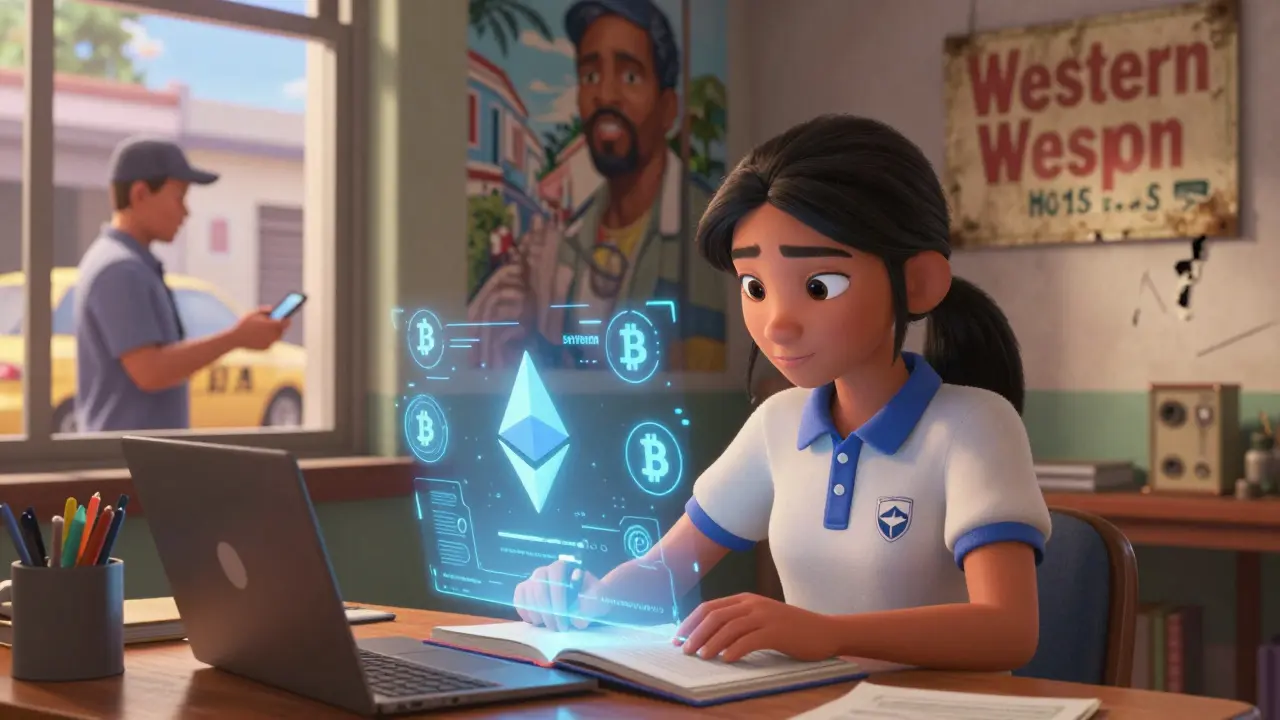 Cuban student buying online textbook with Ethereum, digital currency icons glowing nearby.