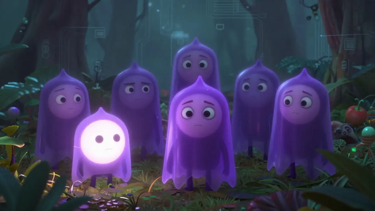 Digital node characters hiding in a misty forest with some wearing purple cloaks.