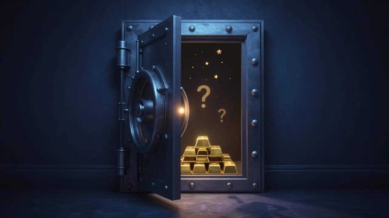 Digital vault open with shadows and question marks inside.