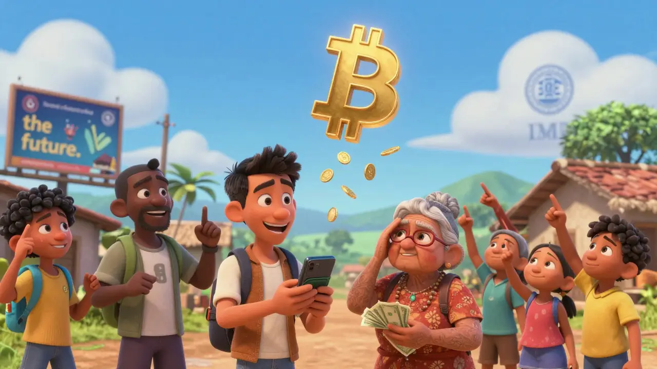 Diverse Salvadorans react to Bitcoin adoption—youth embrace it, elders reject it, as a Bitcoin lottery ticket hovers overhead.