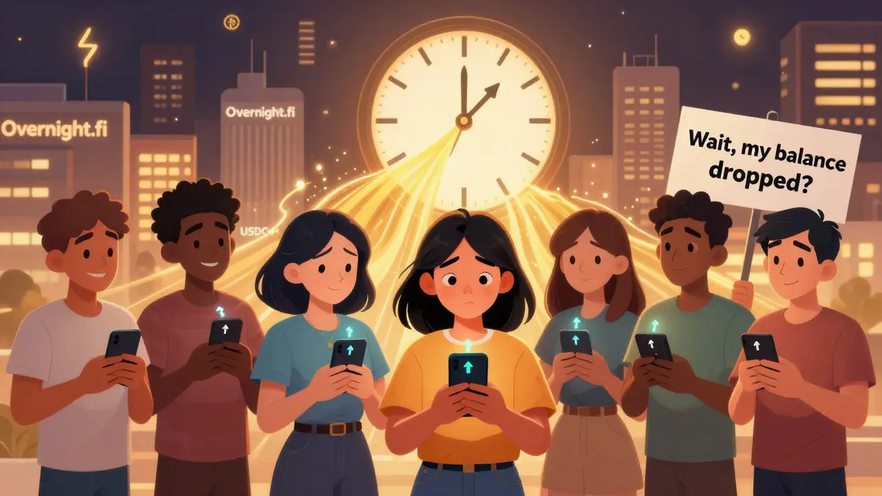 Diverse users smile at their phones as their wallet balances rise slightly at midnight, under a glowing Overnight.fi clock.