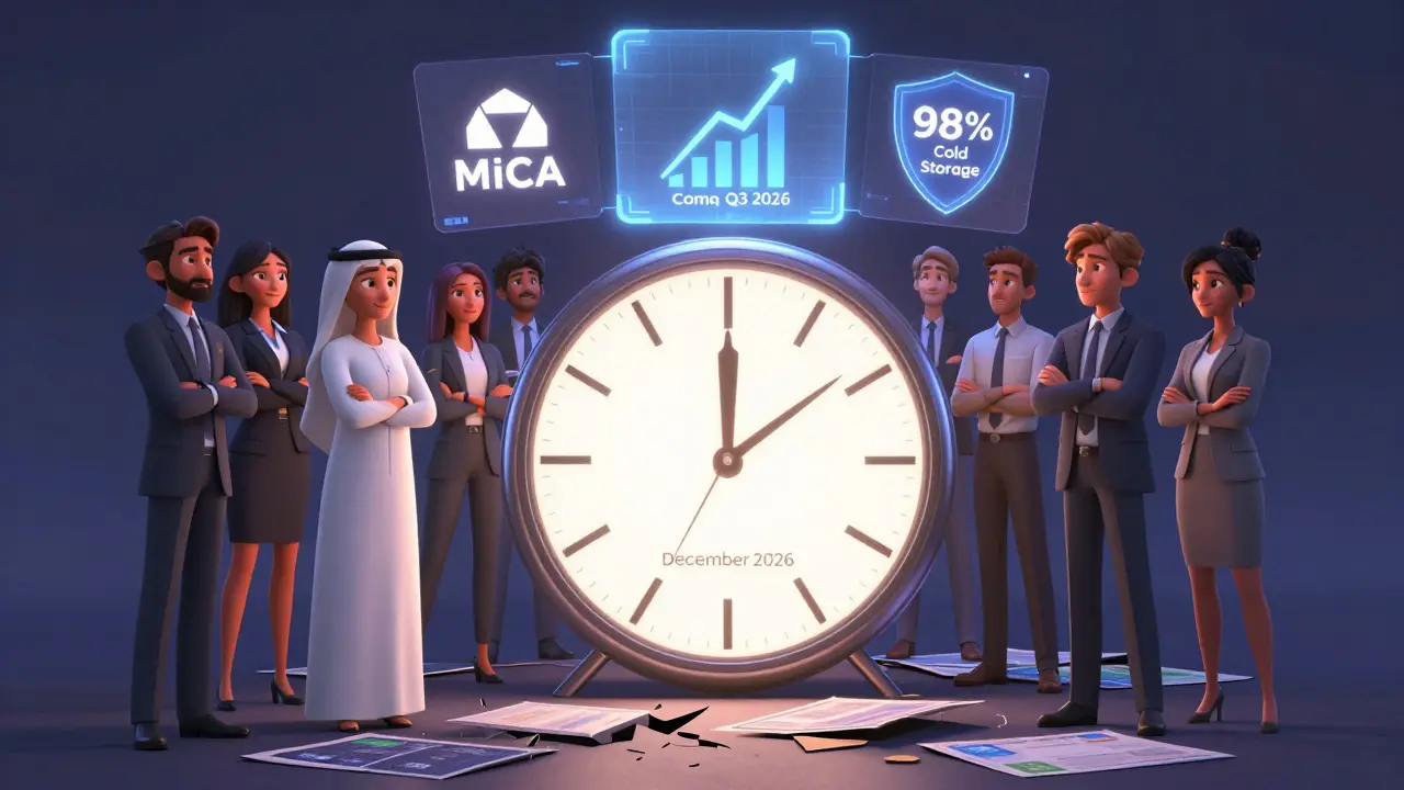 Diverse users watch a clock ticking to December 2026 as MiCA and options trading icons glow above broken old exchanges in Pixar style.