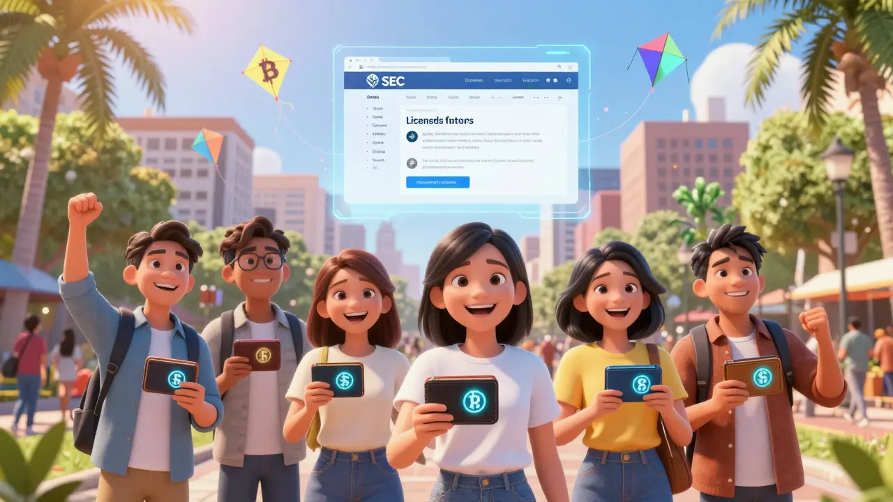 Filipino crypto users celebrating in a park with SEC-approved digital wallets and a hologram of the official licensed platform list.