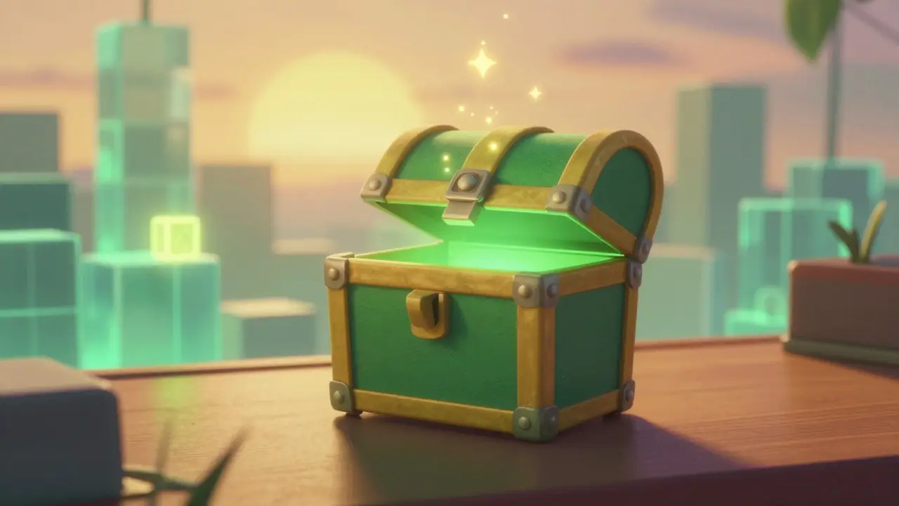 Floating treasure chest wallet emitting green sparklight in city