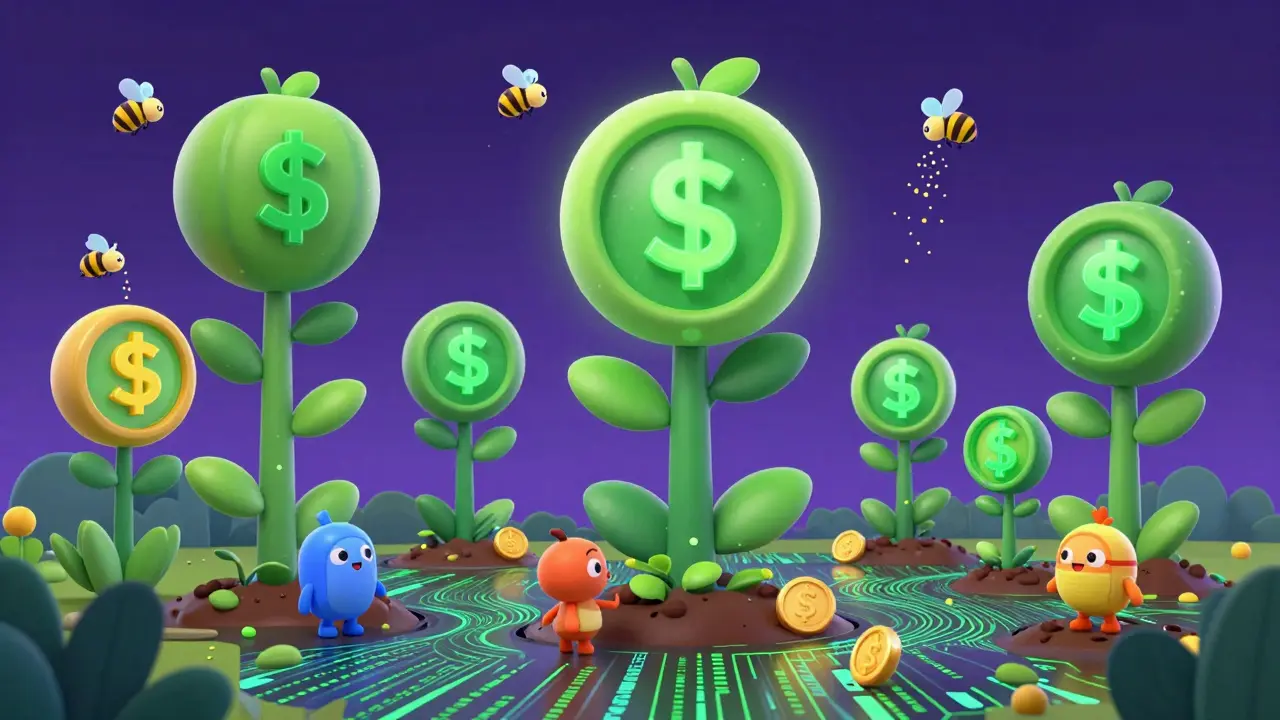 Friendly characters planting digital seeds in a garden where trees grow coin-shaped fruit