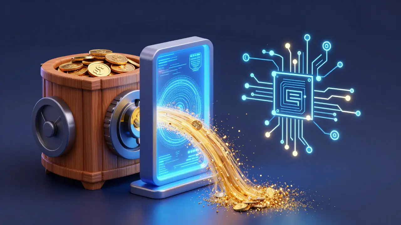 Golden dust flowing from traditional vault into digital portal