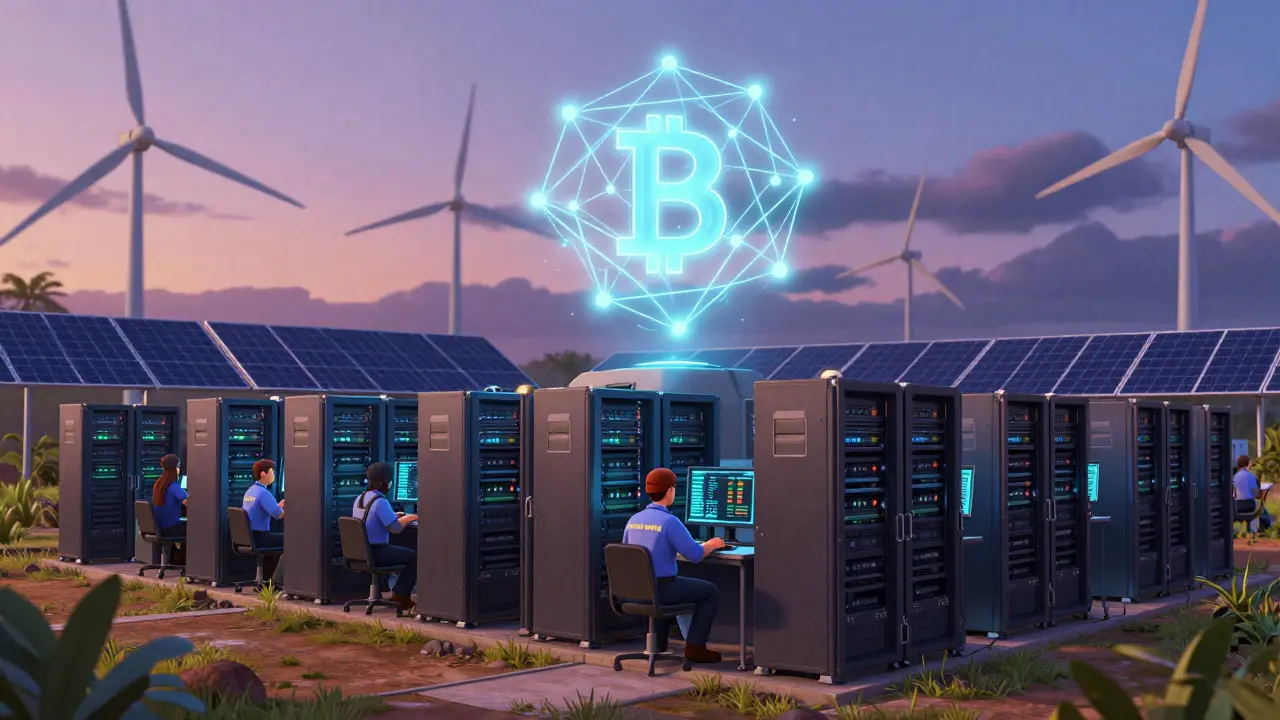 Government-regulated crypto mining farm in Cuba powered by solar panels and wind turbines.