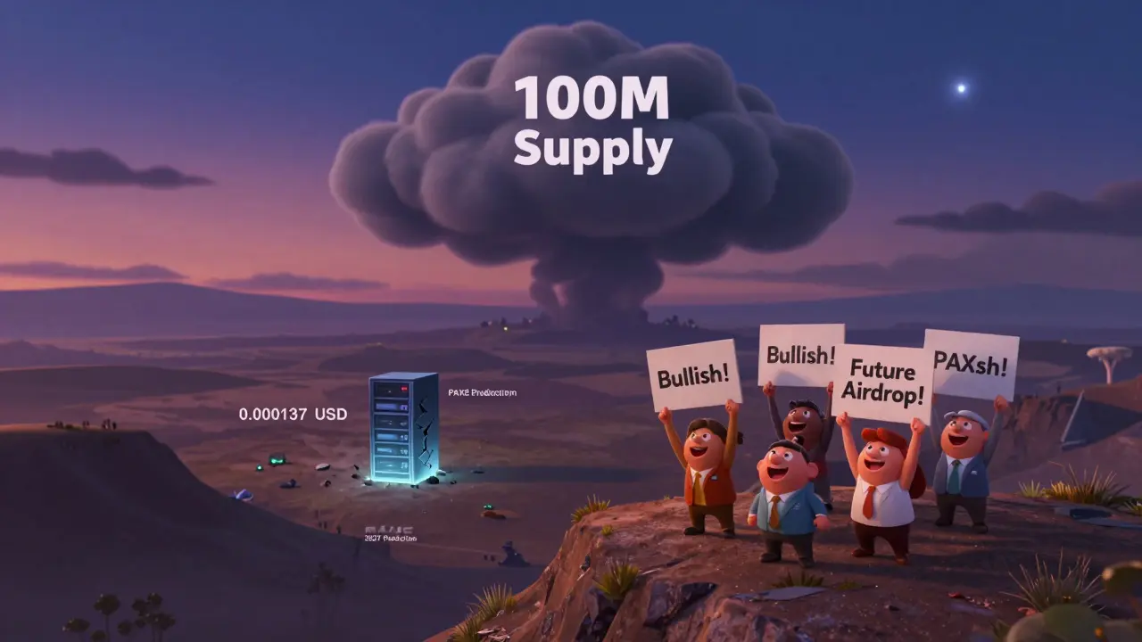 Optimistic cartoon investors on a hill overlooking a valley with a cracked server displaying a tiny price tag, under a looming supply cloud.