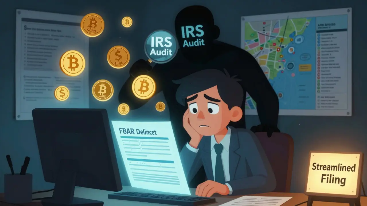 Someone files delinquent FBARs as an IRS audit shadow looms, with crypto values floating nearby.