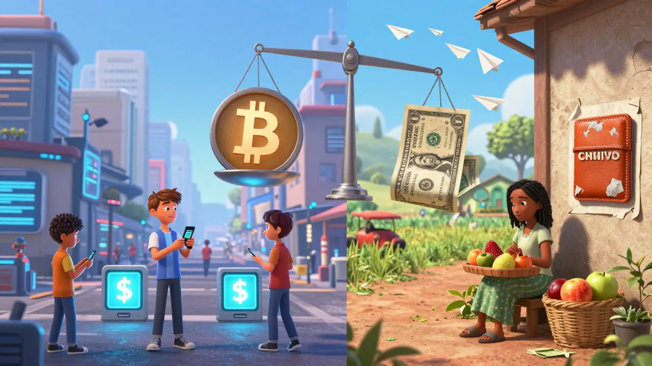 Split scene: urban tech users use Bitcoin while rural communities rely on cash, highlighting adoption inequality.