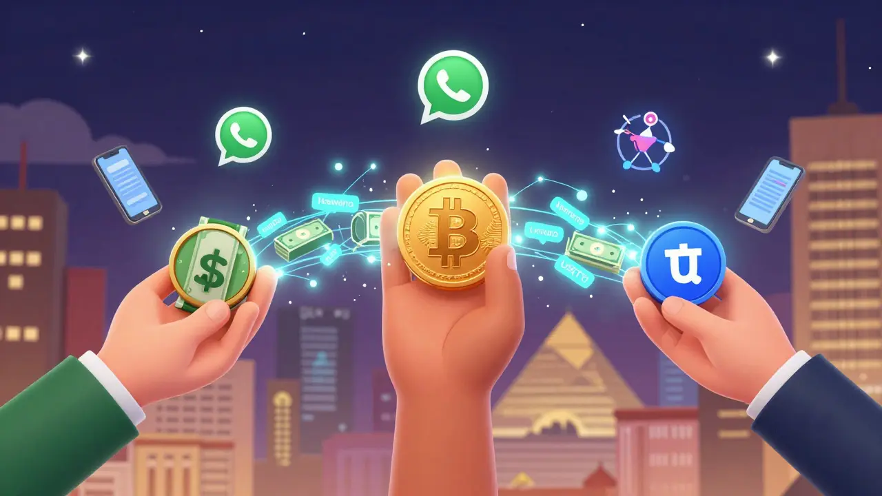 Three hands from different countries pass crypto through a glowing digital tunnel of encrypted messages and cash.