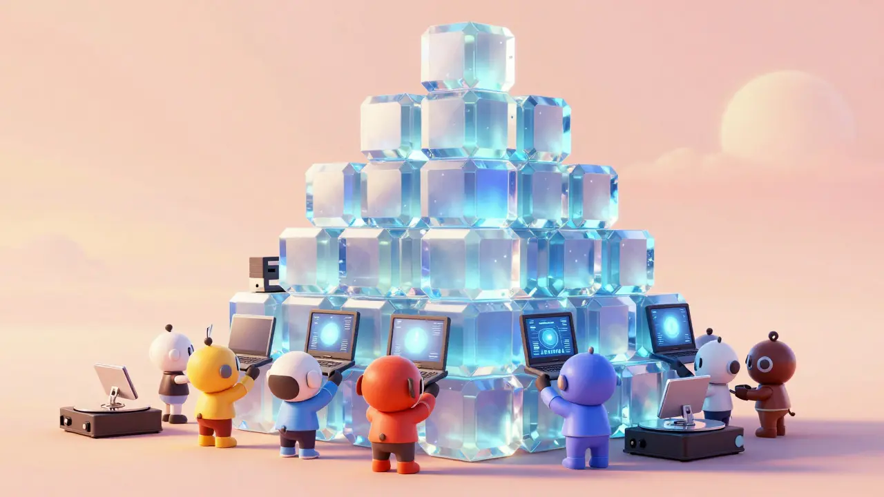 Tiny gadgets lifting a large glowing crystal tower representing blockchain data.