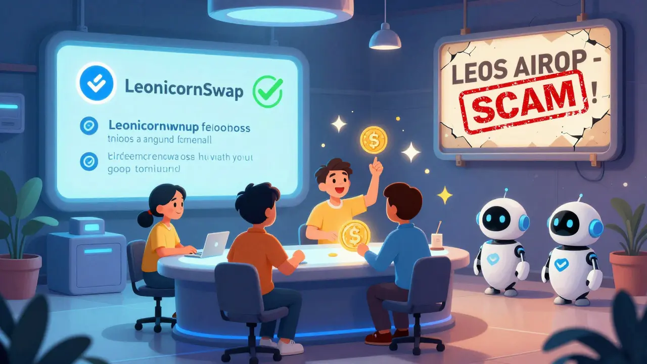 Users stake LEON tokens in a bright crypto hub while official announcements glow with verification checks.