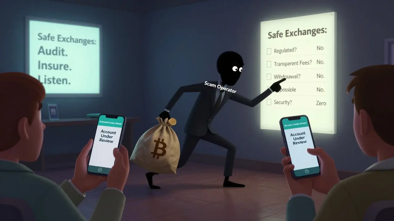Users staring at frozen account screens as a shadowy figure steals Bitcoin, with a safety checklist visible.