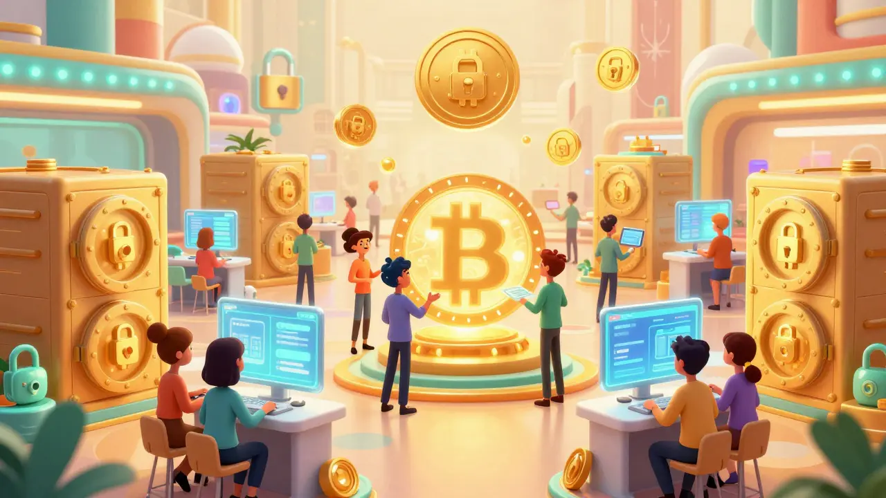 Vibrant digital marketplace with friendly characters and secure vaults.