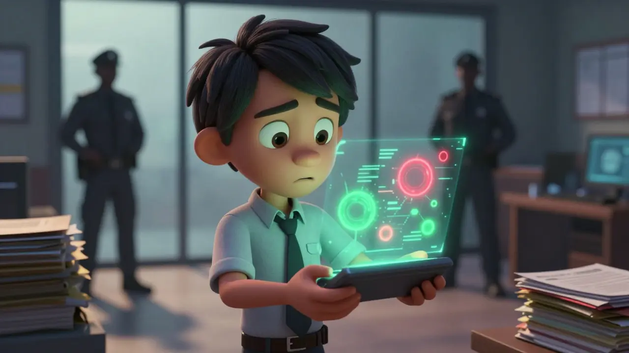 Worried trader viewing volatile market data with security shadows nearby