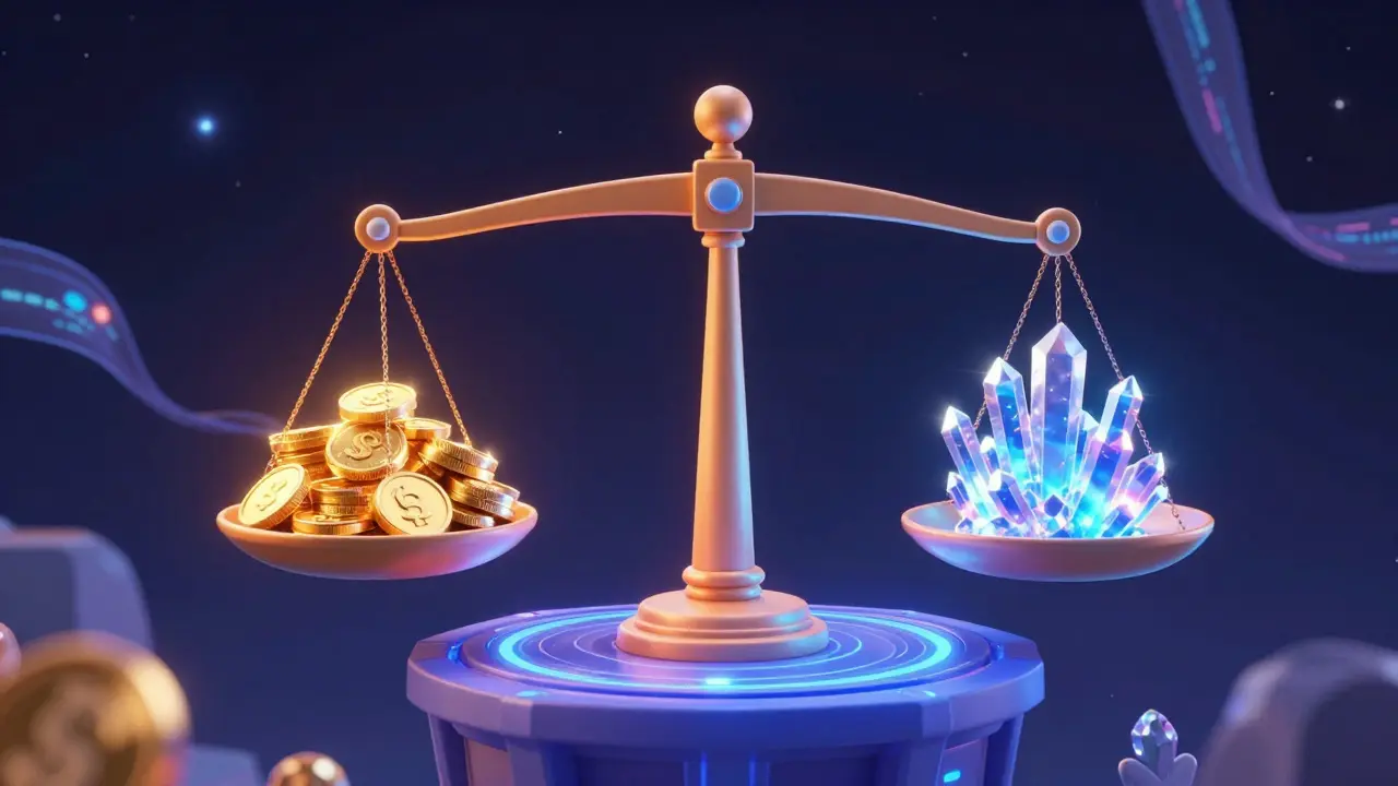 A 3D character balancing rewards and risks on a digital scale within a cosmic blockchain environment.
