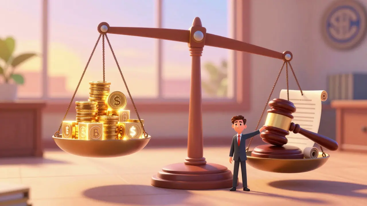 A balance scale weighing glowing digital coins against a legal gavel.