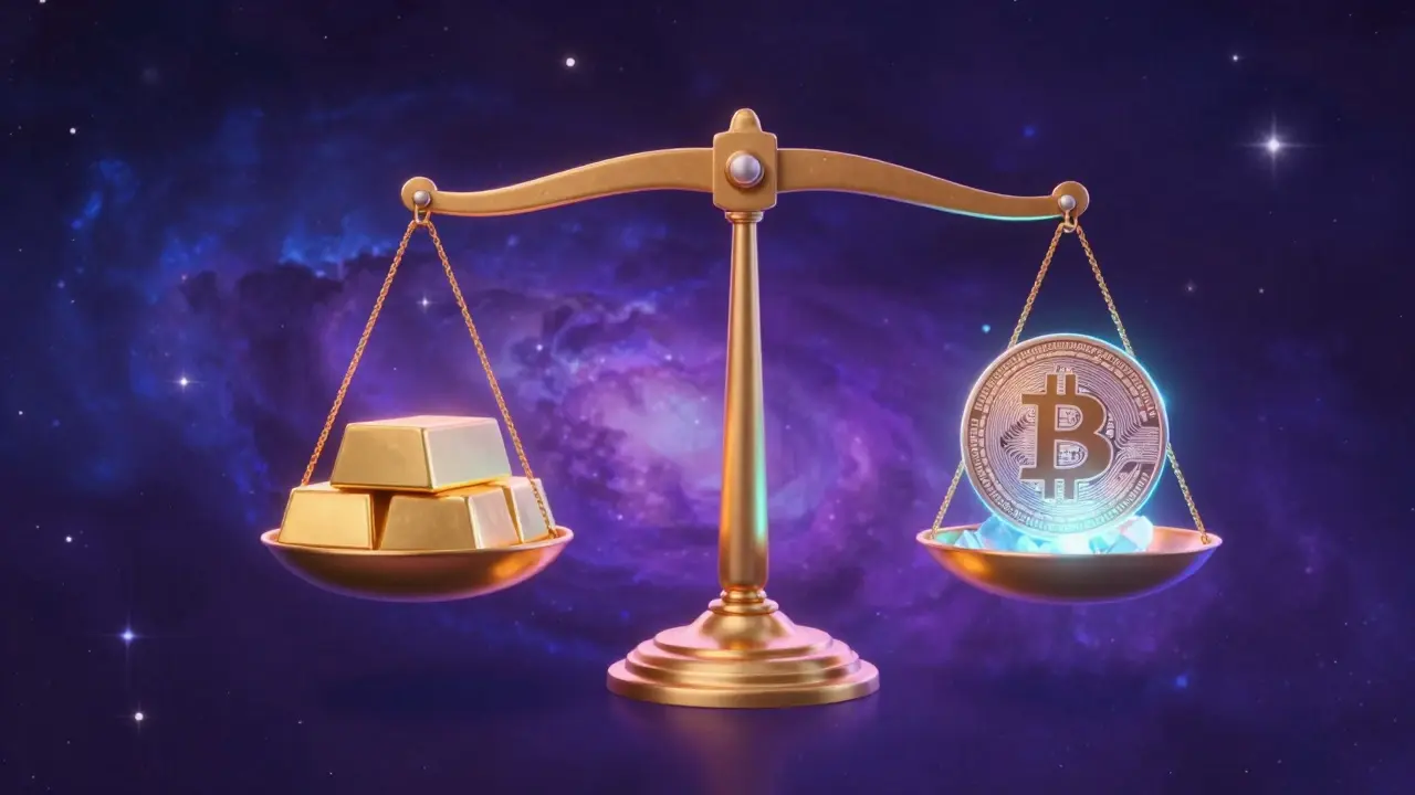 A balanced scale with a gold bar on one side and a digital token on the other in space.