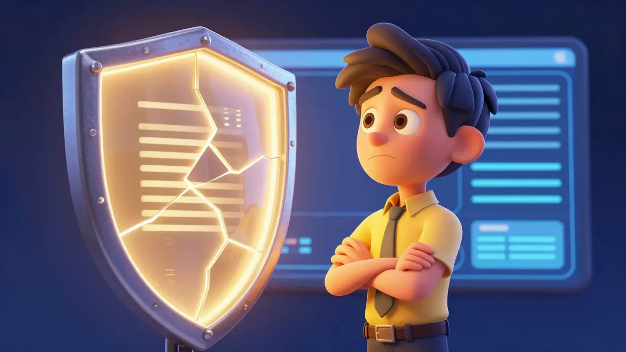 A cautious trader examining a cracked digital security shield.