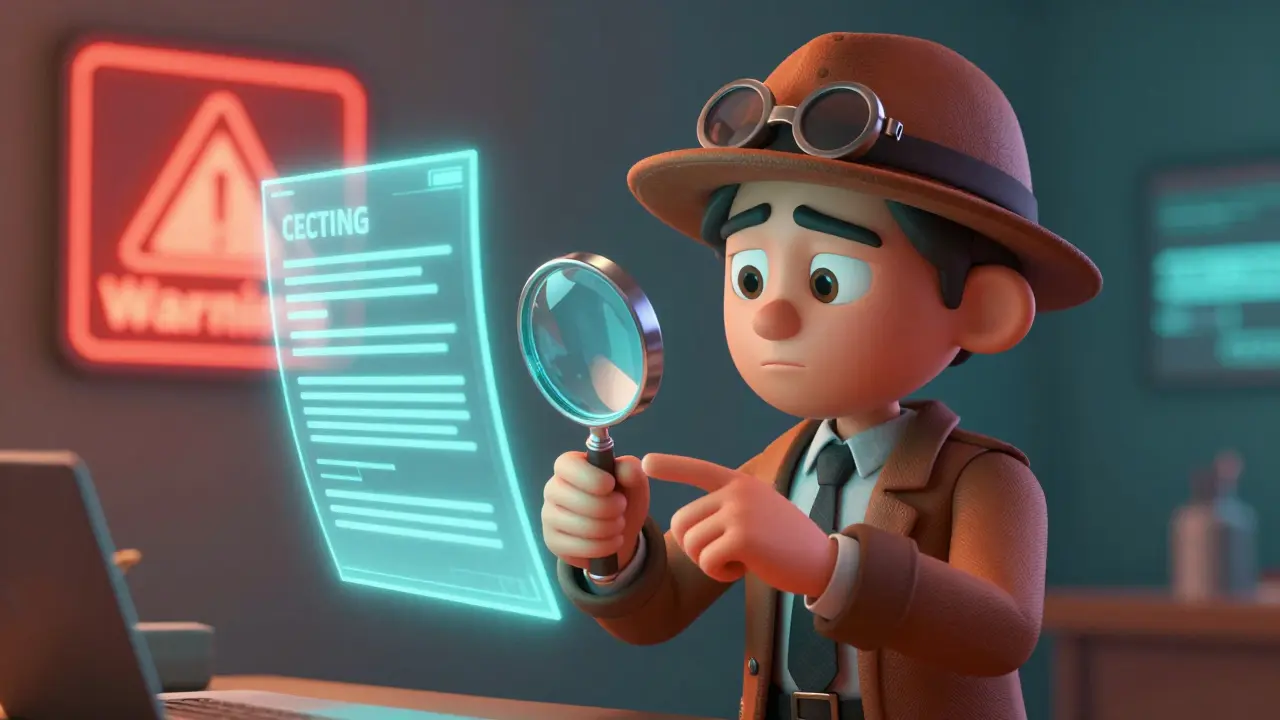 A character with a magnifying glass carefully inspecting a glowing digital contract.