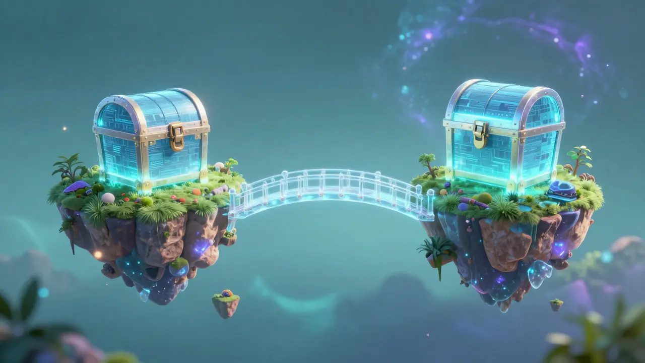 A crystalline bridge connecting two holographic islands in a digital space