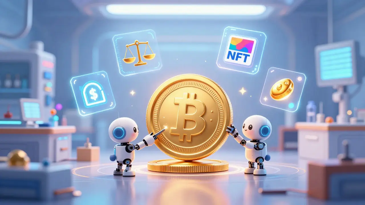 A cute robot assembling a golden coin with DeFi and NFT holographic icons.