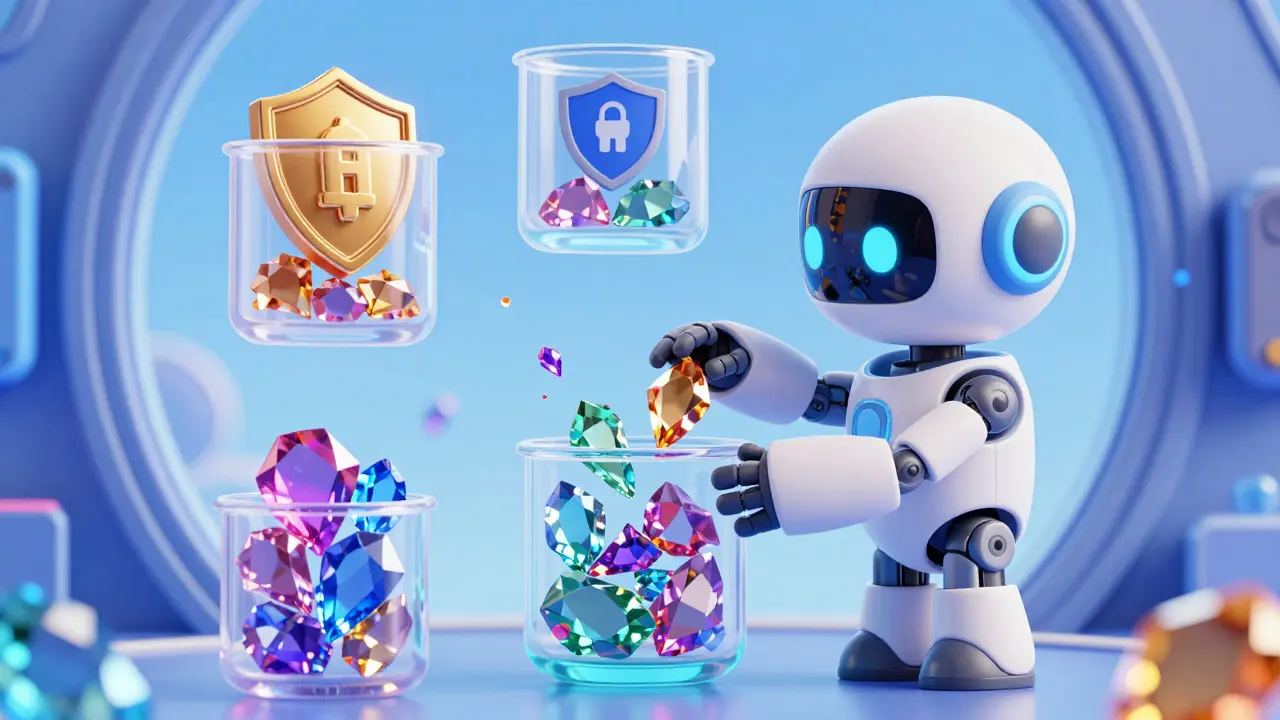A cute robot helping a user organize colorful tokens into secure floating containers.