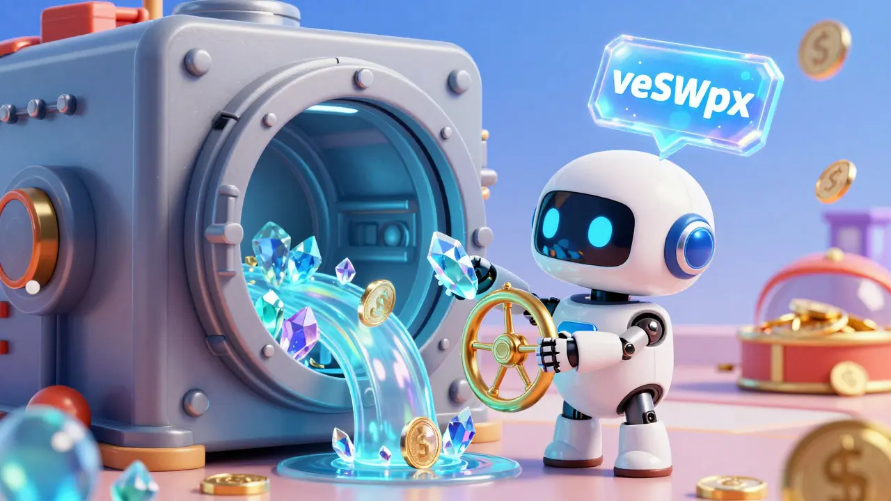 A cute robot locking tokens into a vault to receive a glowing governance NFT in a playful 3D setting.