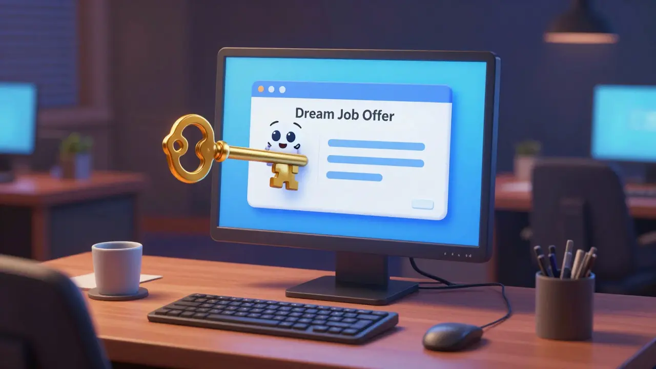 A digital creature stealing a golden key from a computer displaying a fake job offer.