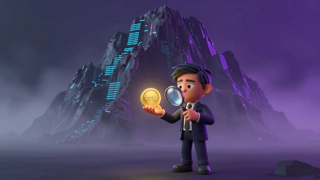 A digital investor using a magnifying glass to examine a VOW token amidst a mysterious fog.