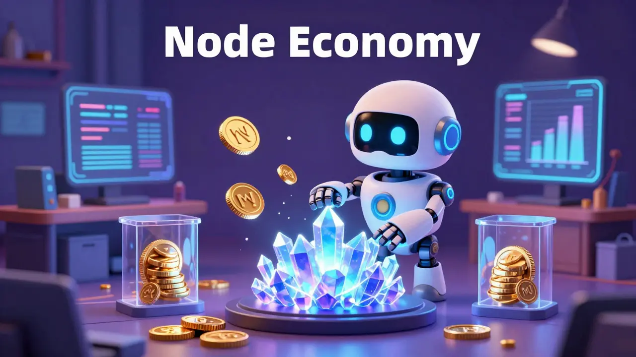 A friendly robot managing a glowing network node and collecting golden tokens.