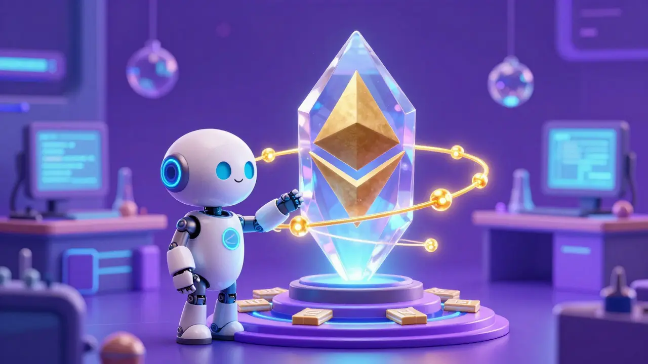 A friendly robot managing glowing digital child chains and a large Ethereum crystal.