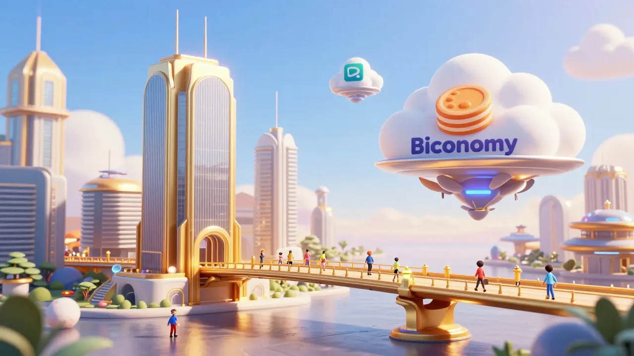 A futuristic digital city with a golden bridge connecting a central exchange to a cloud platform.