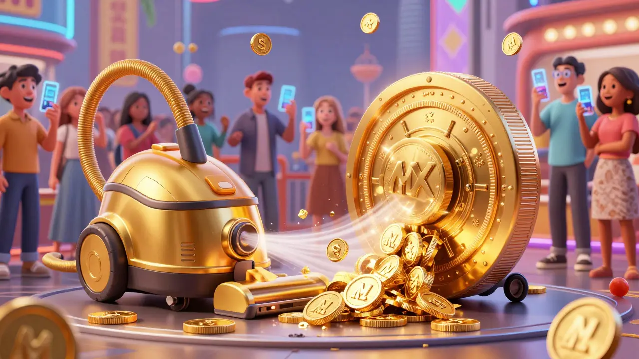 A futuristic vacuum gathering tokens into a vault while people use holographic phones.