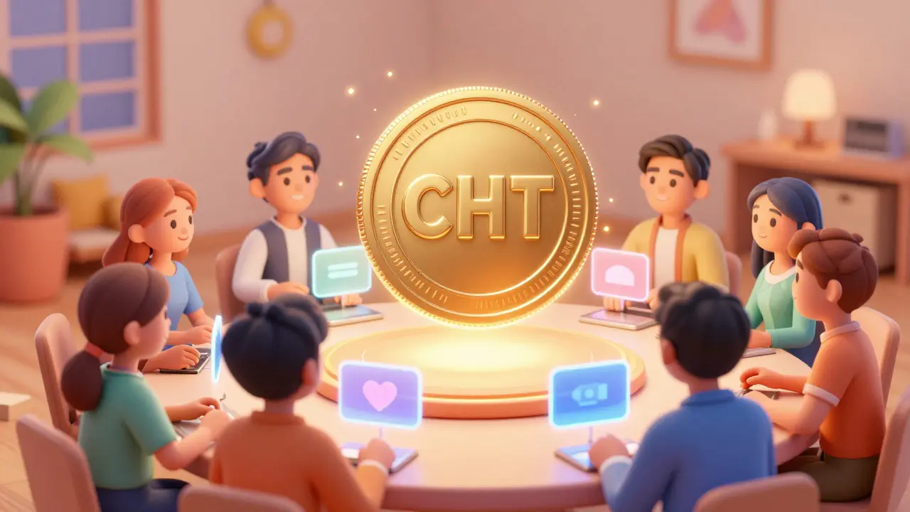 A glowing CHT token floating above a group of friendly digital avatars voting in a hub.