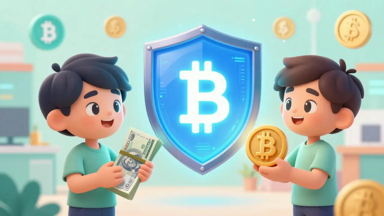 A glowing digital shield facilitating a secure cryptocurrency trade between two people.