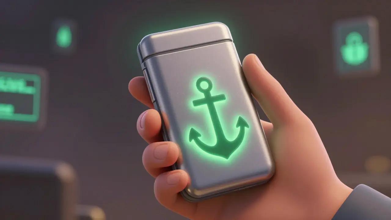 A hand holding a glowing, secure hardware crypto wallet protecting assets from a digital storm.