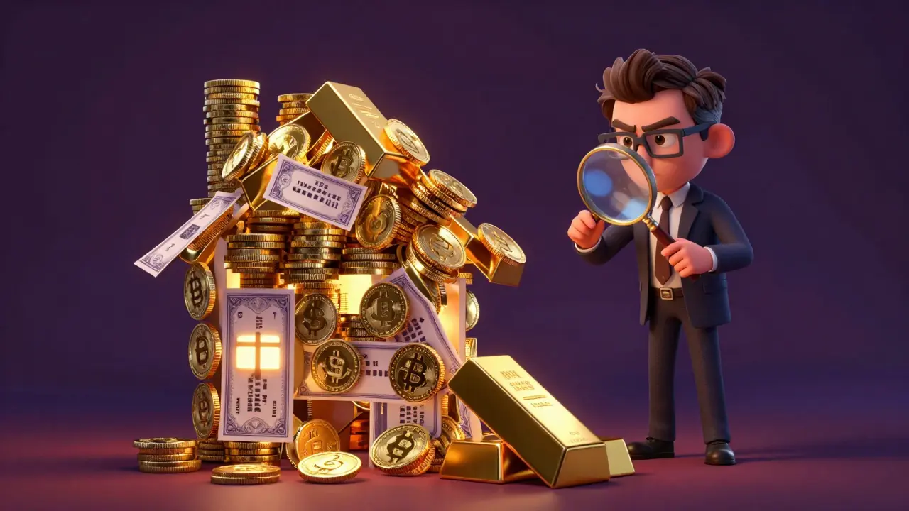 A leaning tower of digital assets and gold coins being inspected by an auditor.