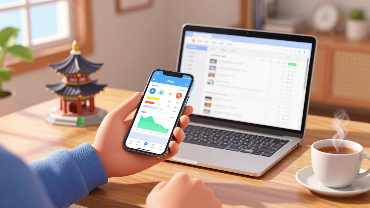 A person using a mobile app and laptop for crypto trading in a bright, cozy modern room.