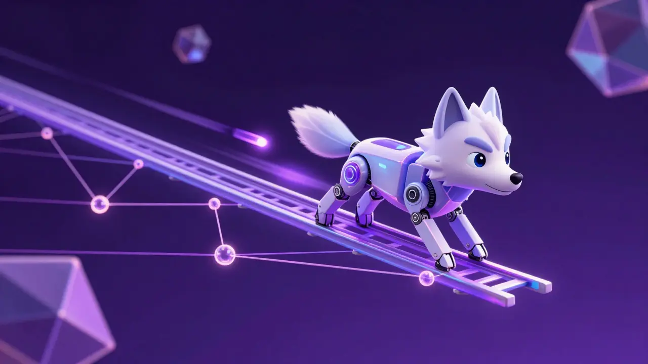 A robotic wolf gliding through a glowing purple network of connected digital nodes.