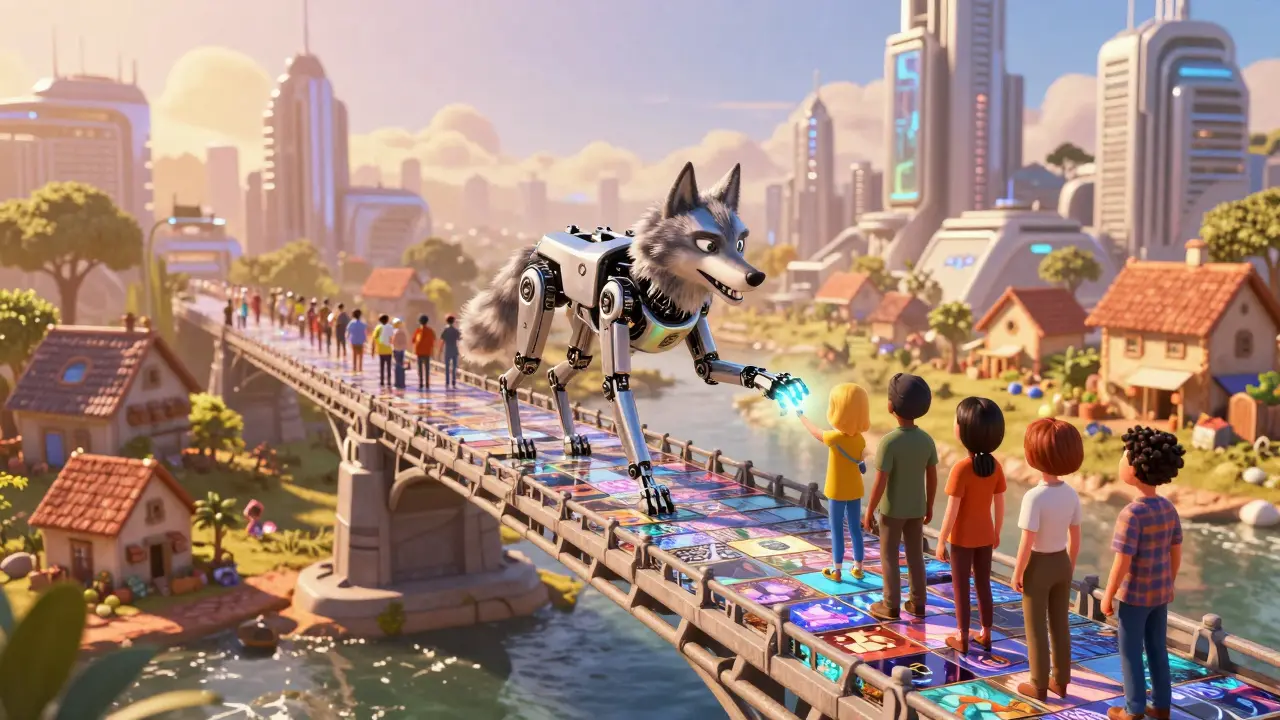 A robotic wolf on a digital bridge of NFTs helping people in a small village.