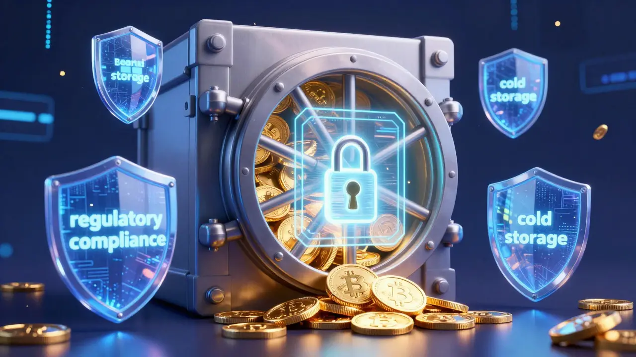 A secure futuristic vault protecting golden cryptocurrency coins under shimmering blue shields.