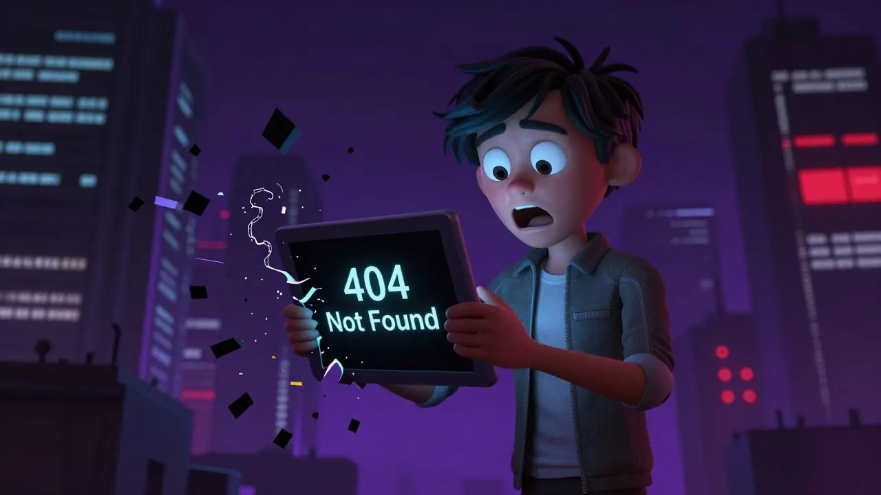 A shocked character looking at a crashed digital platform with glitching pixels and red lights.