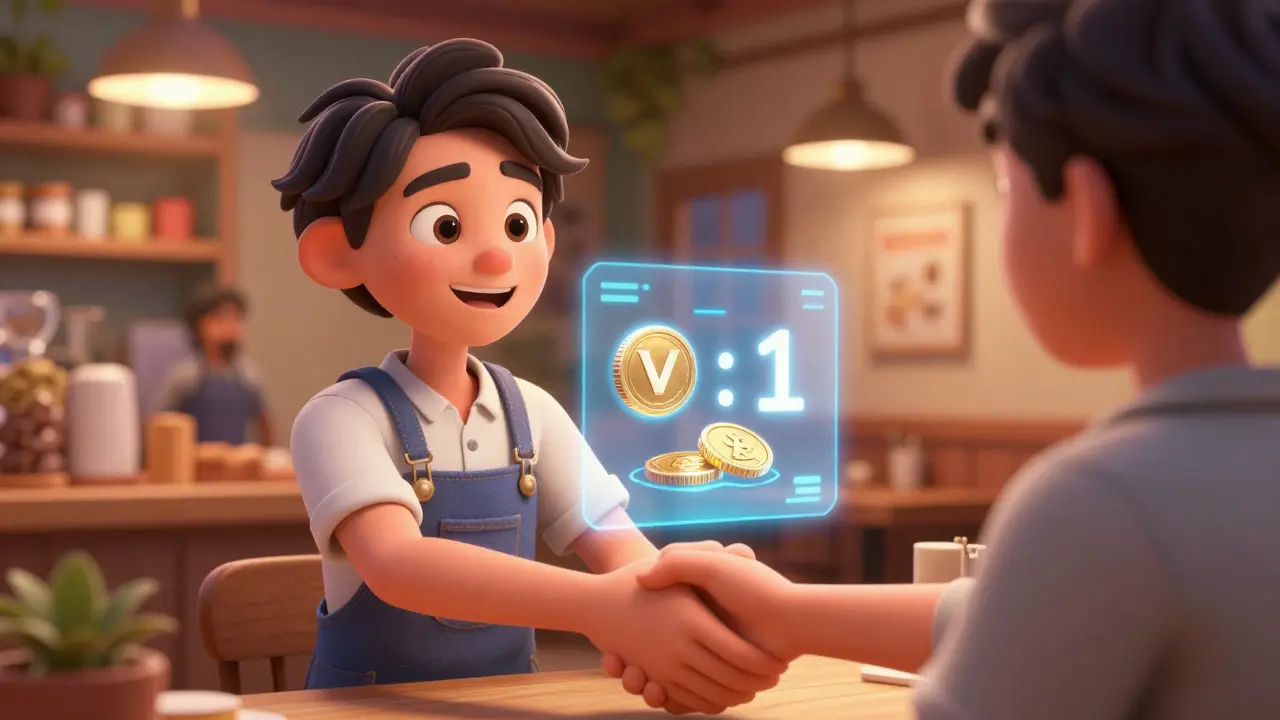 A shopkeeper and customer agreeing on a 1:1 exchange rate for VOW tokens in a cozy cafe.