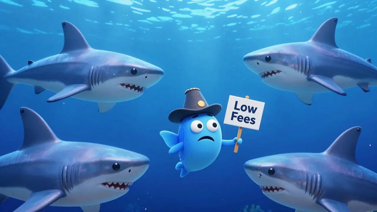 A small digital fish trader surrounded by giant metallic sharks in a blue ocean.